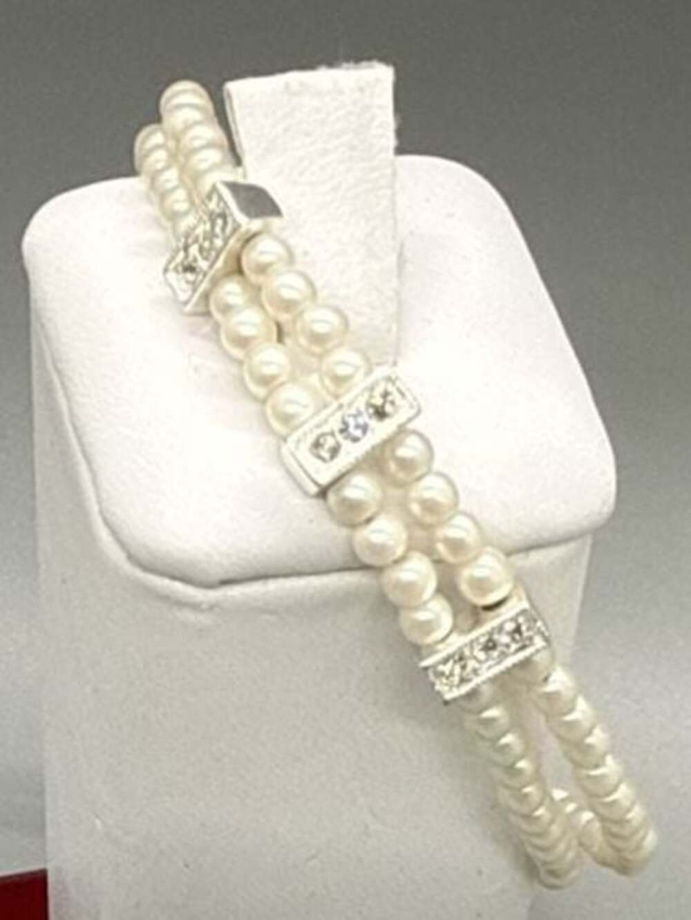Vtg Napier Two Strand Faux Pearl Rhinestone Bar Silver Tone Bracelet Bridal 7”